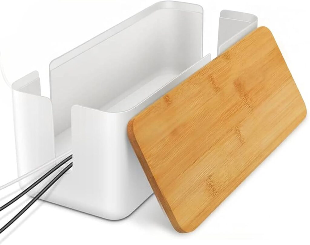 Kabelbox mit Bambusdeckel, 30 × 12 × 11,5 cm, Weiß